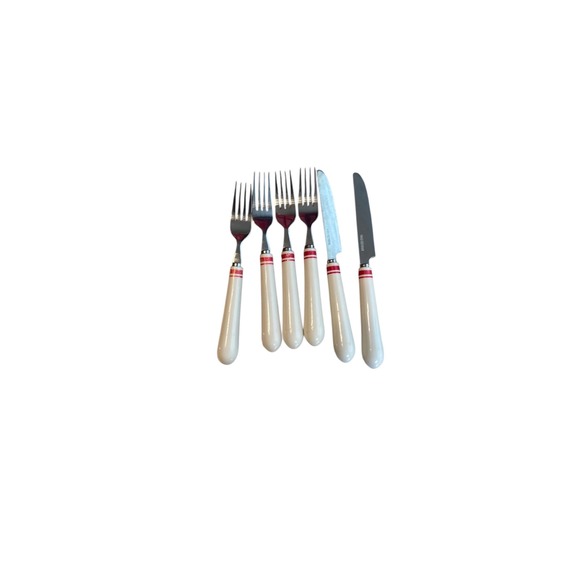 Vintage Cutlery Set Forks Knives Cream‎ Handle Red Stripe Retro Kitchenware - Picture 1 of 1